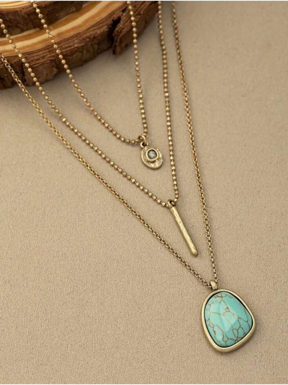 Gold and Turquoise Layered Necklace Set R182 - Picture 4 of 4